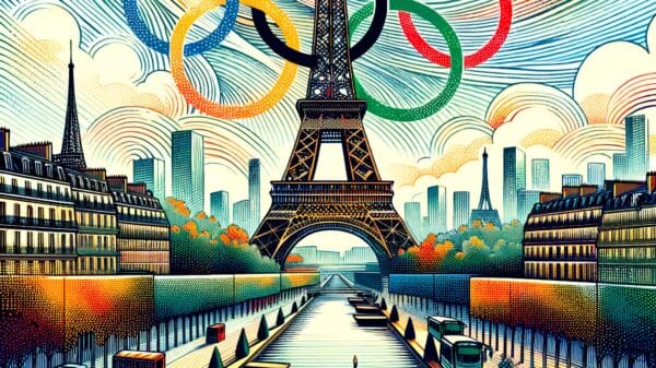 an artistic digital image of the seine river with the Eiffel tower and olympic rings in the background