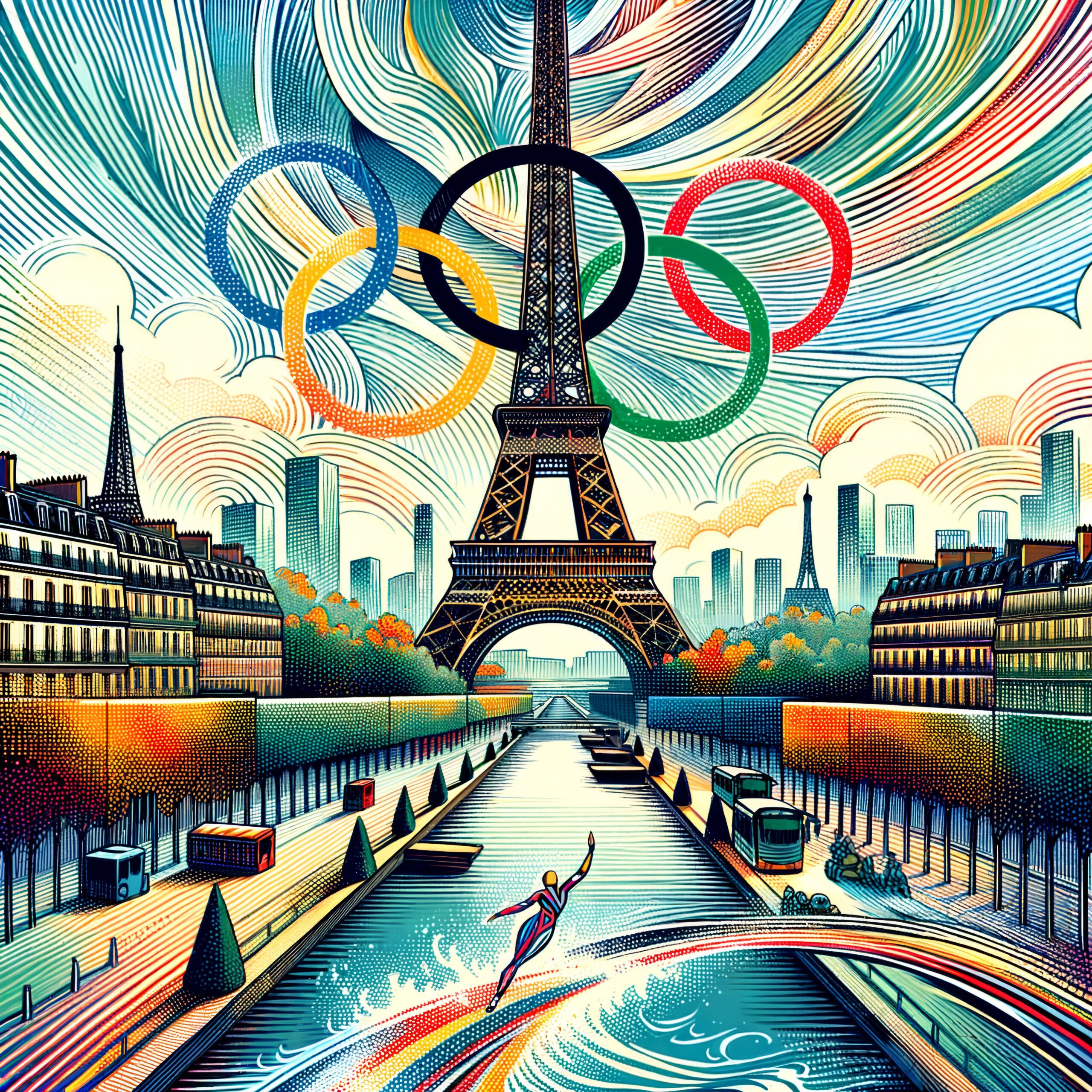 an artistic digital image of the seine river with the Eiffel tower and olympic rings in the background