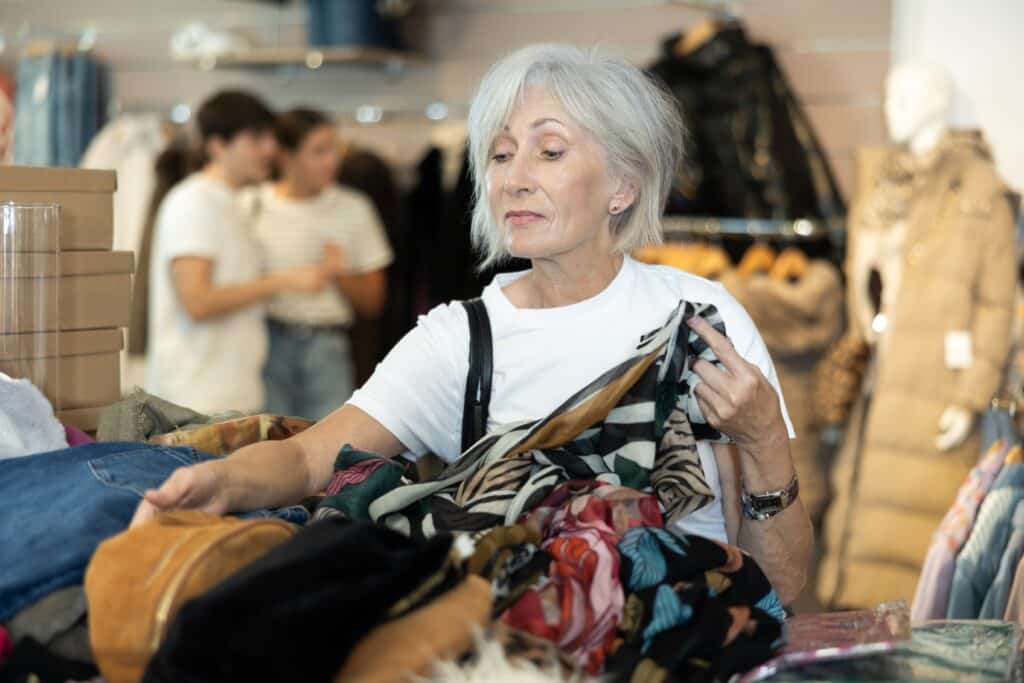 Older woman thoughtfully going through a pile of clothes.
