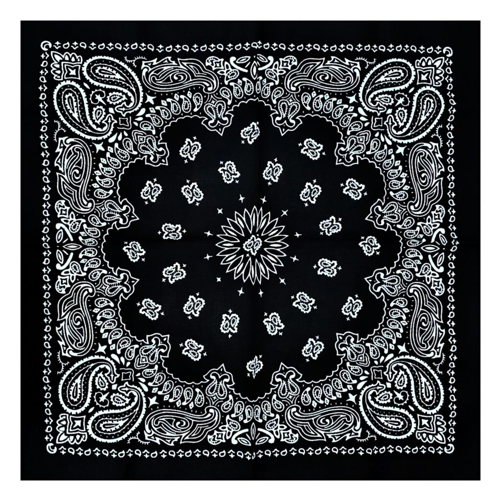 Black bandana with a white pattern.