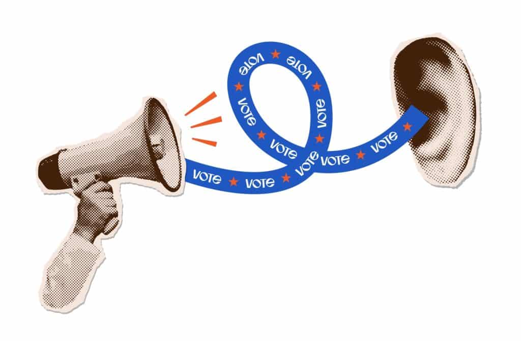 The word vote being strung between an airhorn and ear.