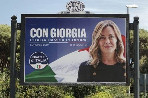 Campaign poster featuring President of the Council of Ministers of the Italian Republic Giorgia Meloni.