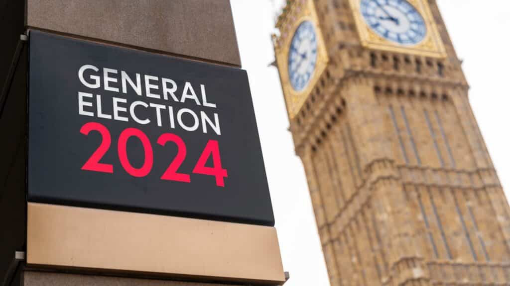 2024 General Election Sign Following Defeat of Tories In Front of Westminster