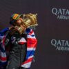 Lewis Hamilton with the trophy at Silverstone 2024