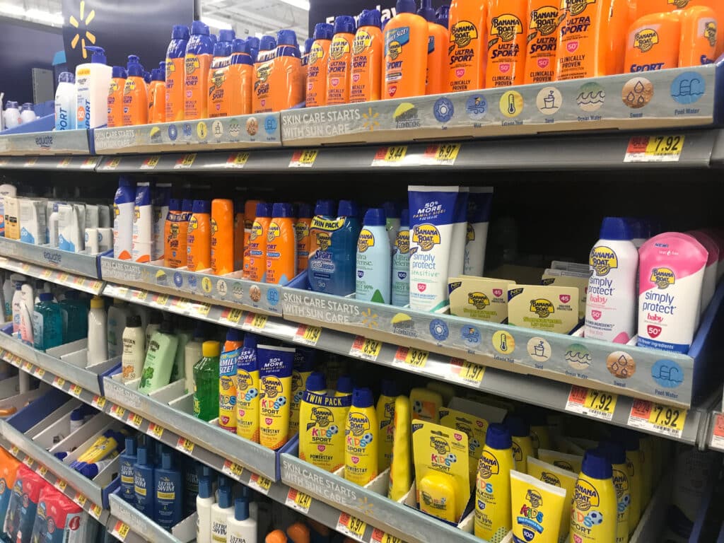 Sunscreen aisle in a store