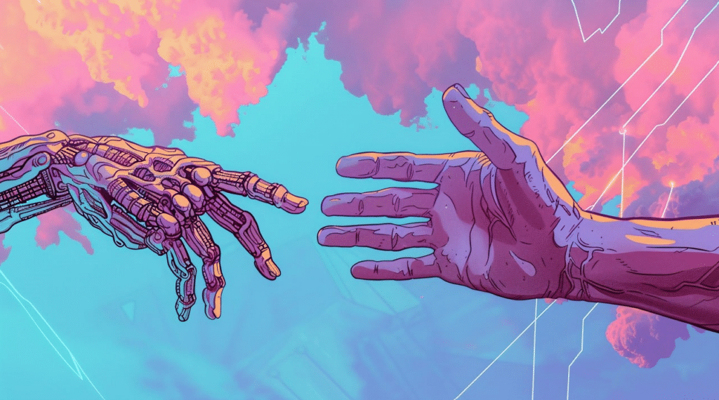 Robot hand and human hand reaching out to each other, creation of adam