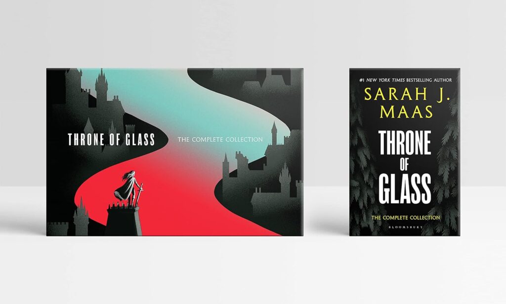 Throne of glass box set from the back and side - shows the main character on the back of the box overlooking a kingdom with a blue and red stream