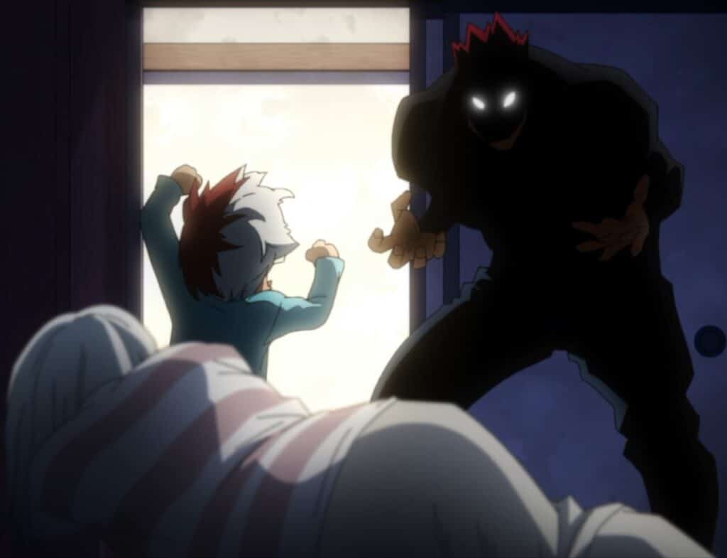 Endeavor poses like a gremlin while his son Shoto cries and his wife crouches in fear.