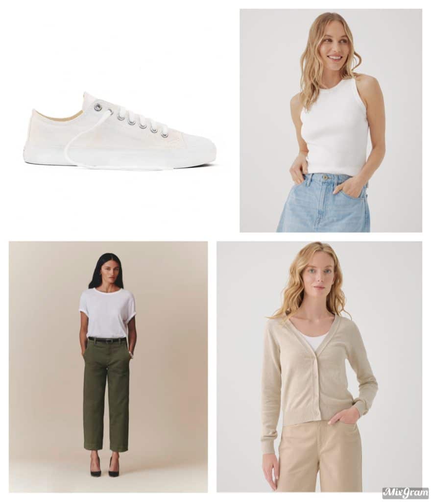 collage with white sneakers, white tank top, oatmeal colored sweater, and green pants