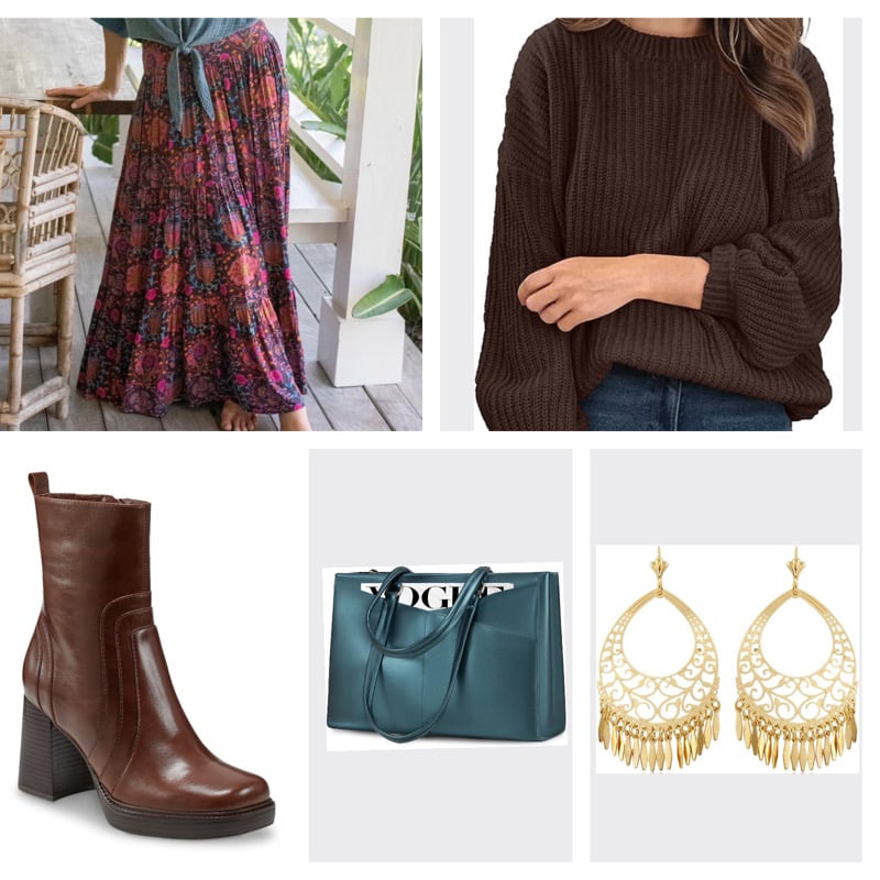 collage showing a patterned skirt, brown sweater, boots, earrings, and a dark teal bag