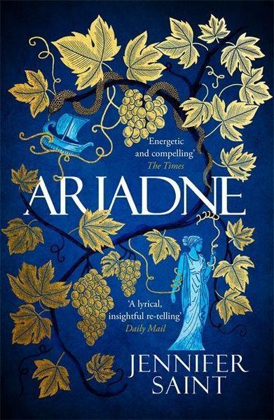 book cover: electric blue background with gold leaves, vines, and grages all over. weaved throughout the vines is a small blue ship in the top left corner, and in the bottom right corner is a lighter blue figure of a woman in a toga
