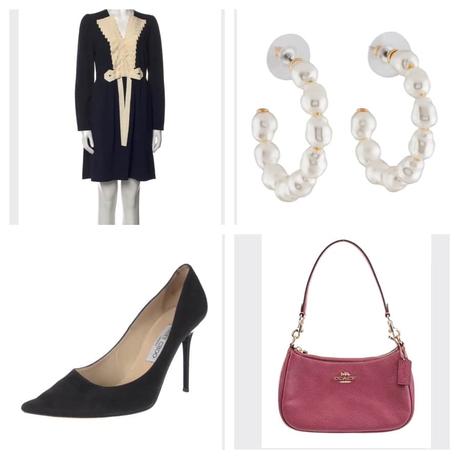outfit collage with a black dress, pearl hoops, black pumps, and a magenta bag