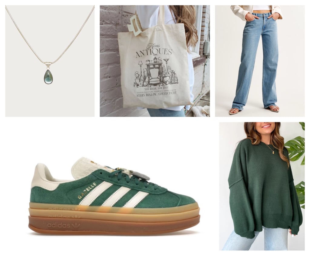 outfit collage with a green sweater and matching sneakers, jeans, a necklace, and a tote bag