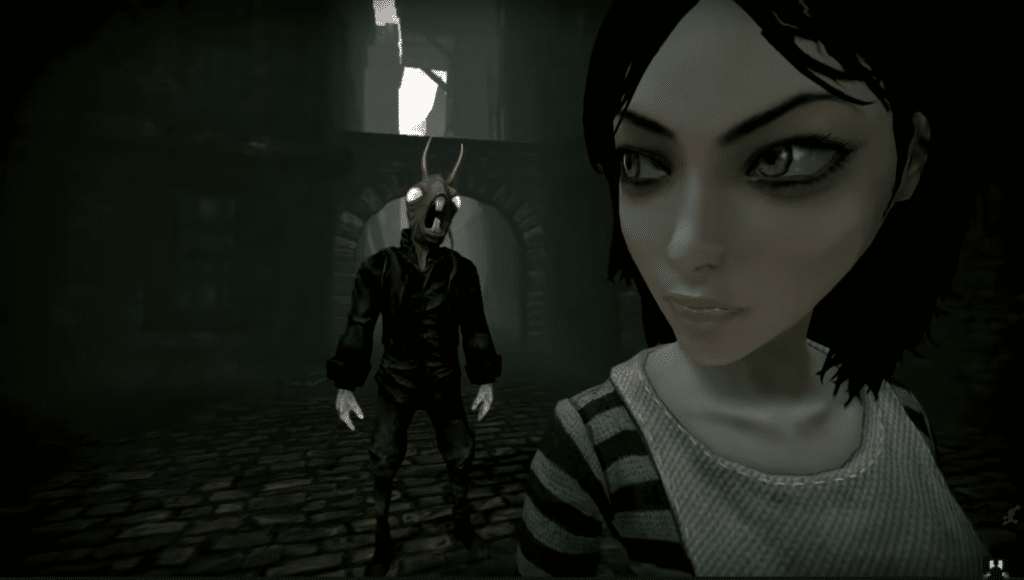 Screenshot from game Alice: The Madness Returns. Alice turns to look at a man behind her with a monster's head