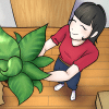 A women in her new empty dorm unpacking moving boxes and holding up her new plant décor.