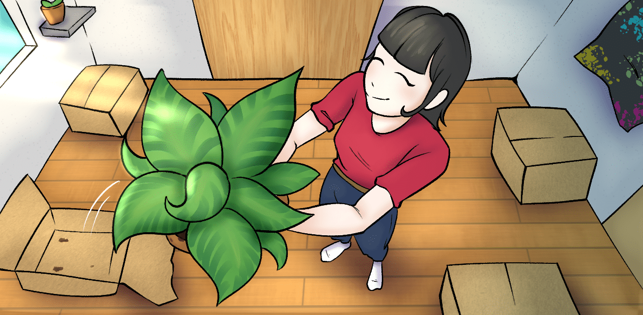 A women in her new empty dorm unpacking moving boxes and holding up her new plant décor.