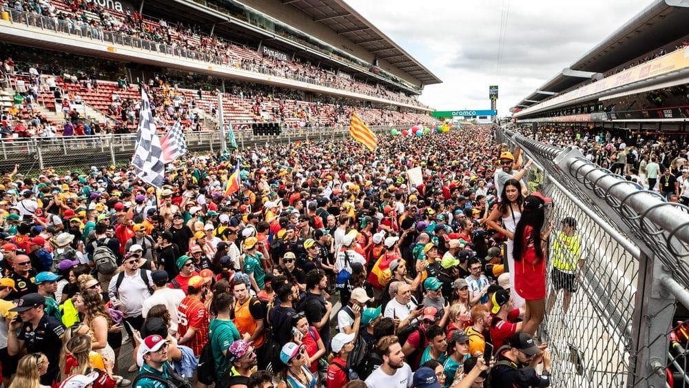 Fans on the track at the Spanish Grand Prix in 2024.