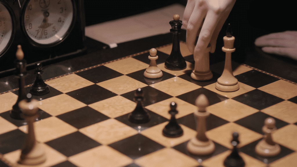 a shot of a chess board, from the queen's gambit