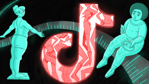 The TikTok Logo with two people being insecure about their weight.
