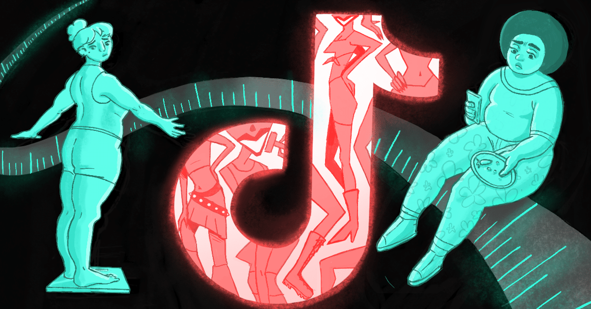 The TikTok Logo with two people being insecure about their weight.