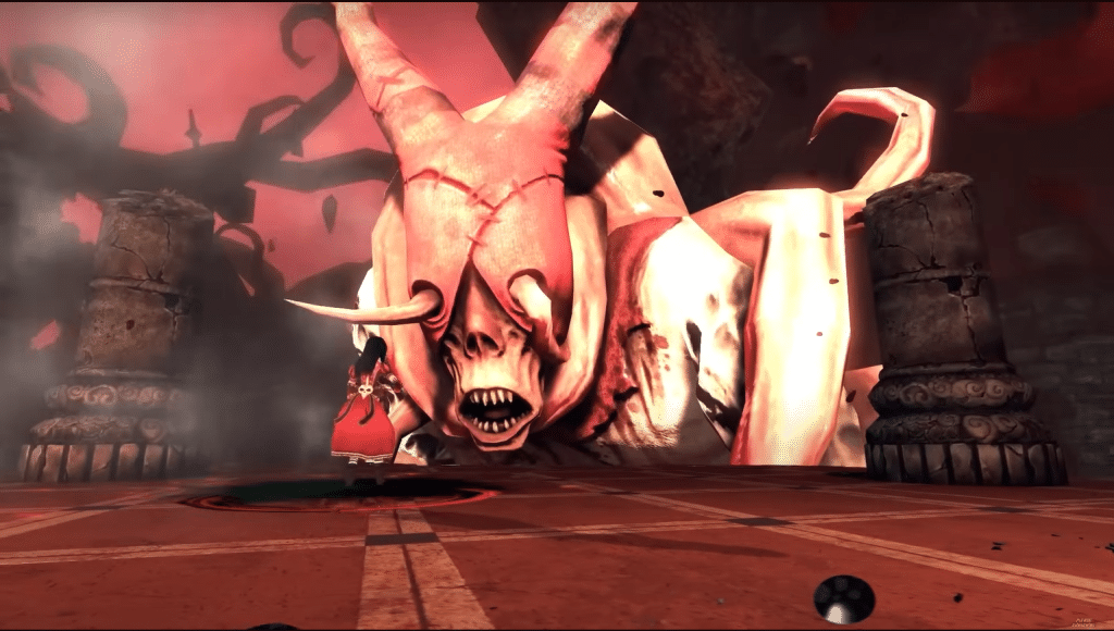 Screenshot from game Alice: The Madness Returns. Alice stands in front of a massive enemy