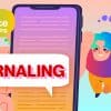 Colorful image depicting a boy holding a phone up with reasons why journaling is beneficial