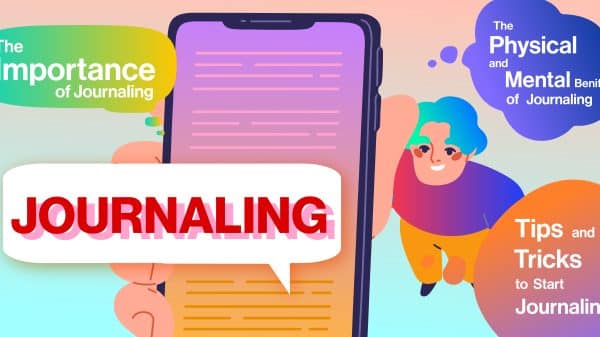 Colorful image depicting a boy holding a phone up with reasons why journaling is beneficial