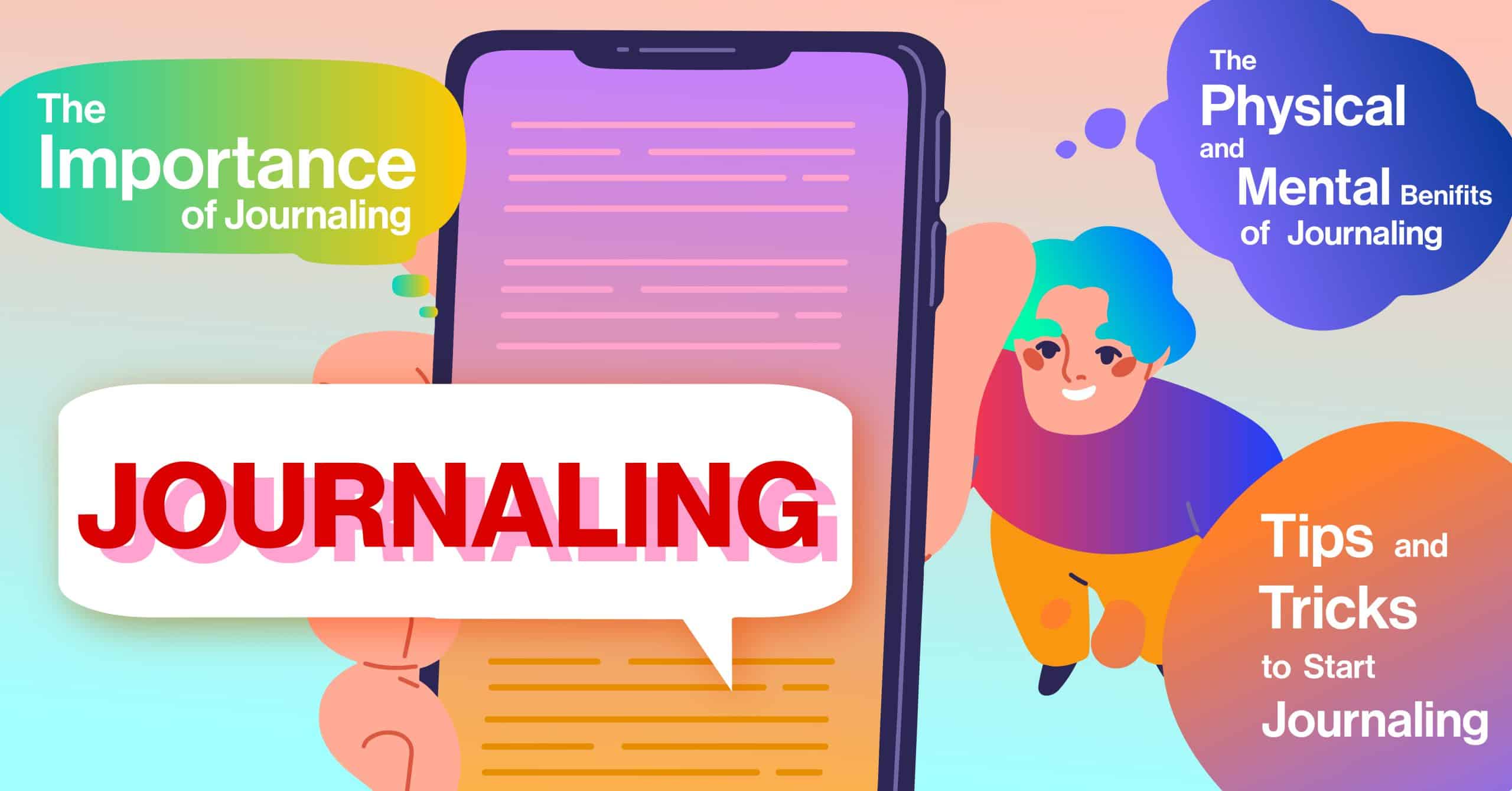 Colorful image depicting a boy holding a phone up with reasons why journaling is beneficial