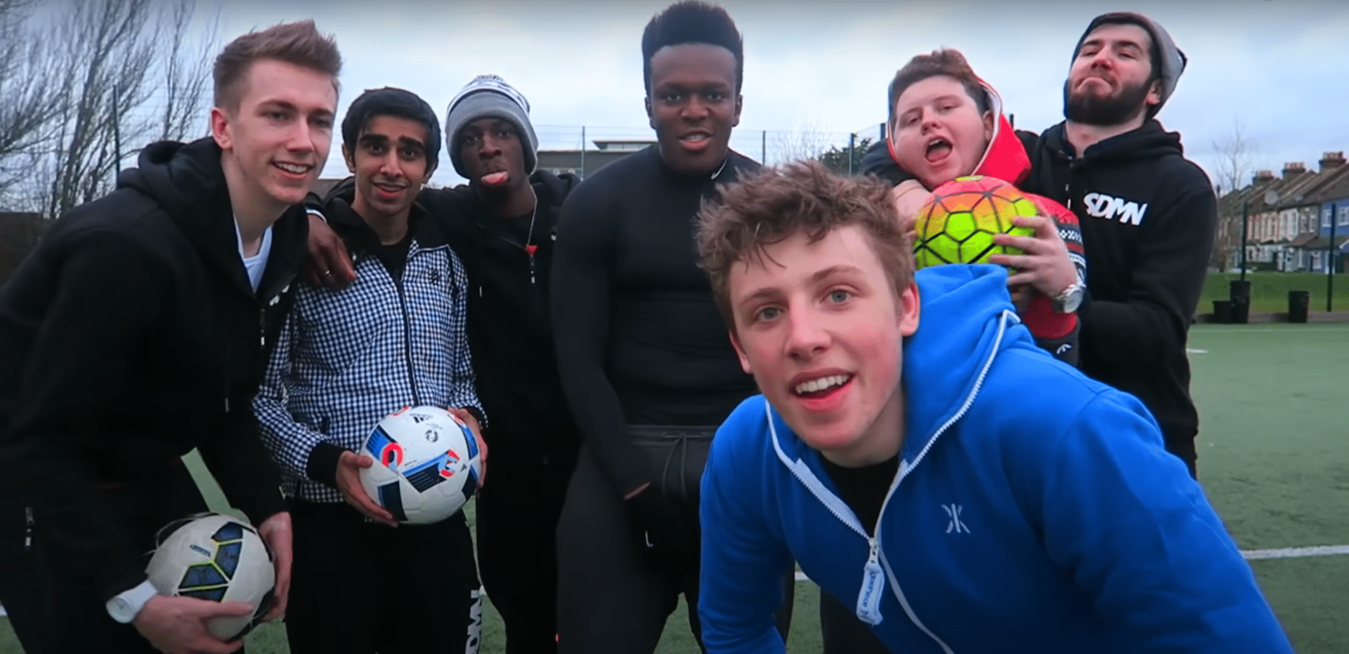 The seven Sidemen in a football challenge