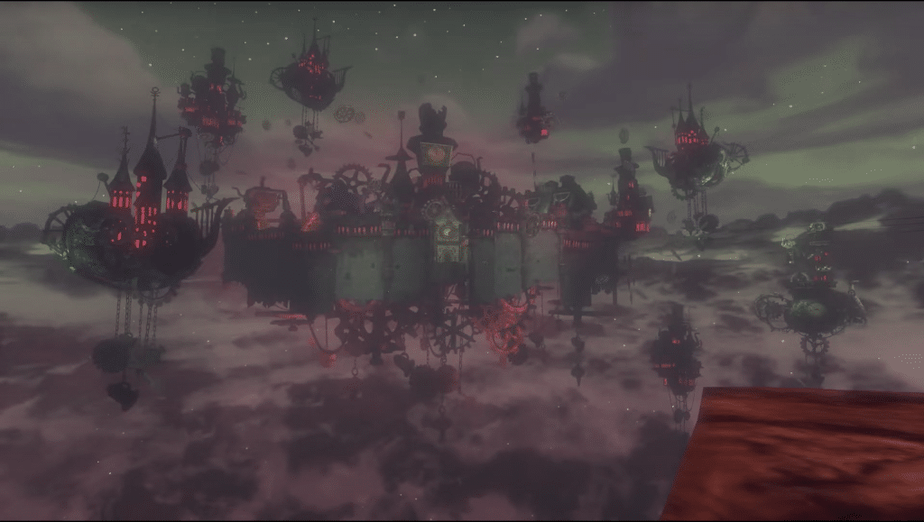 Screenshot from game Alice: The Madness returns. Clockwork and teapot shaped structures float in the sky.