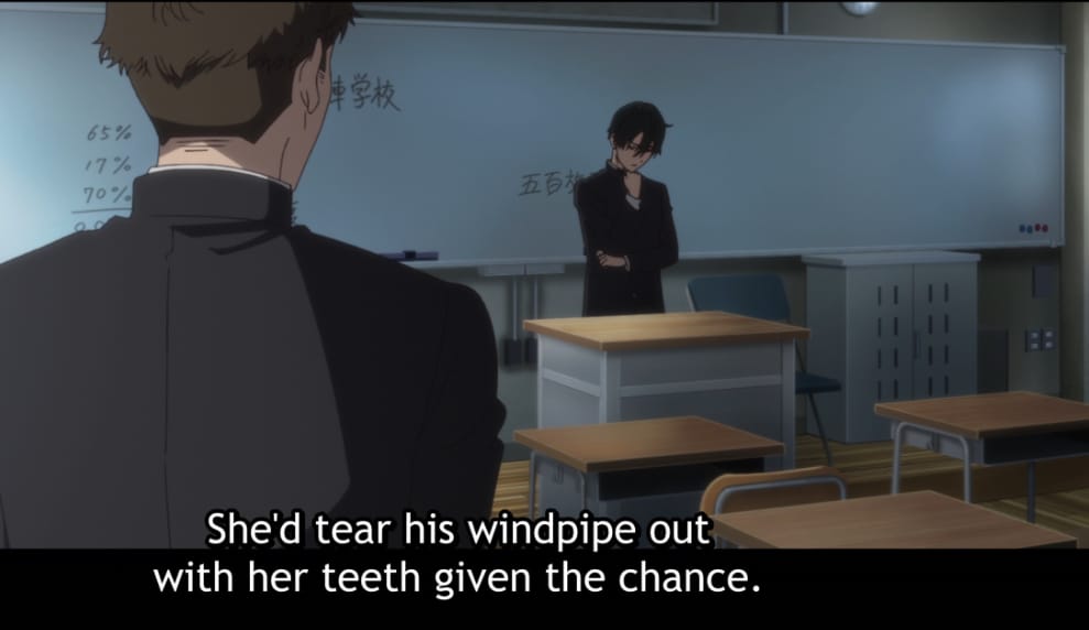 Kengo sits a school desk with his back to us, listening to Kengo talk about Osanai as he stands in front of the school whiteboard.