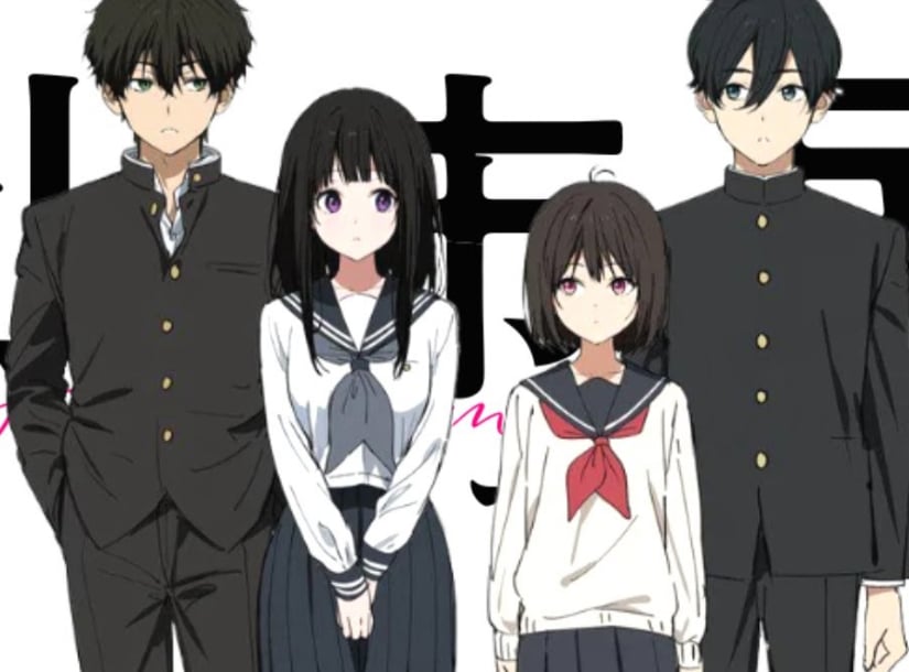 Osanai and Kobato of Shoshimin stand by Oreki and Chitanda from a similar anime.