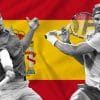 Rafael Nadal and Carlos Alcaraz are depicted in action in front of the Spanish flag.