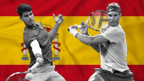 Rafael Nadal and Carlos Alcaraz are depicted in action in front of the Spanish flag.