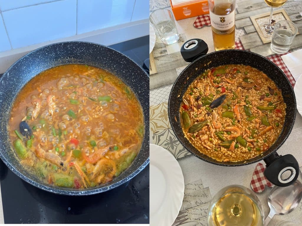 Two photos side by side. One of a paella cooking on a hob and the other, being placed on the table ready to eat.