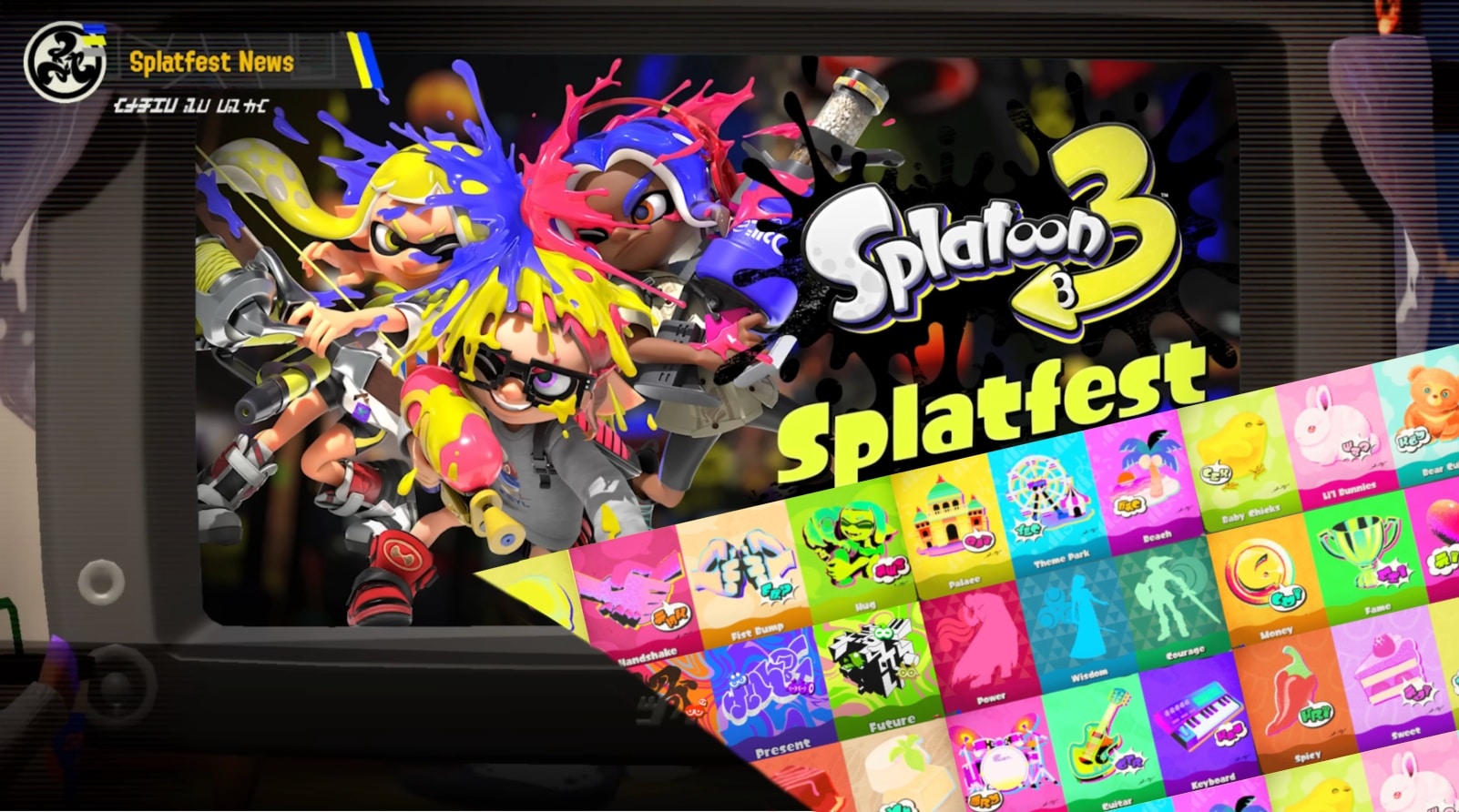 A TV screen displaying splatoon characters as advertisement for a splatfest plus a collection of the theme images for splatfests.