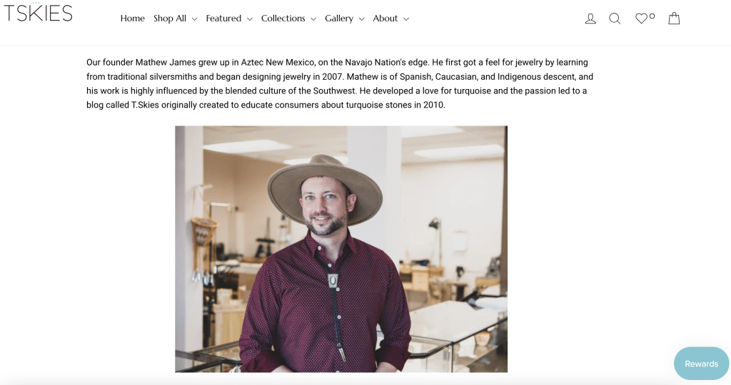 A screenshot from the T Skies "About Us" website page detailing the identity and background of the founder, Mathew James.