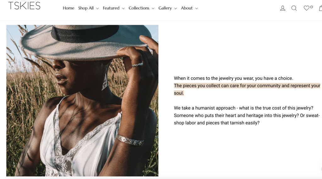 A screenshot from the T Skies "About Us" website page shows a model wearing a ring from the brand, with text displaying the brand's mission statement.