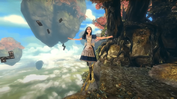 Screenshot from the game Alice: The Madness Returns. Alice floats down through Wonderland
