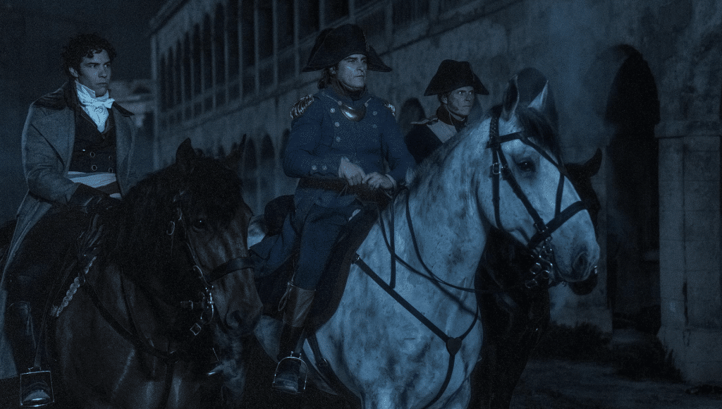 Napoleon (played by Joaquin Phoenix) on a horse.