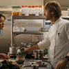 cooks are in the kitchen arguing, colorful ensemble of ingredients around them.