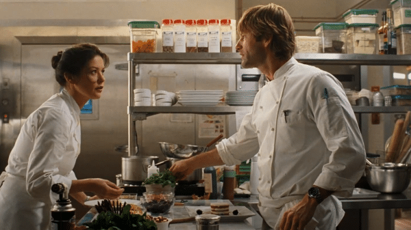 cooks are in the kitchen arguing, colorful ensemble of ingredients around them.