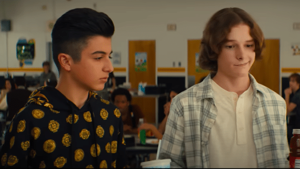 From left to right: Koosh (Bardia Seiri) and Benj (Mason Thames) try to hold a conversation with girls. Credit: YouTube/Netflix