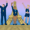 Three female olympians standing on a podium in front of the eiffel tower