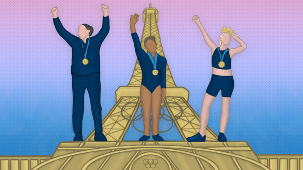 Three female olympians standing on a podium in front of the eiffel tower