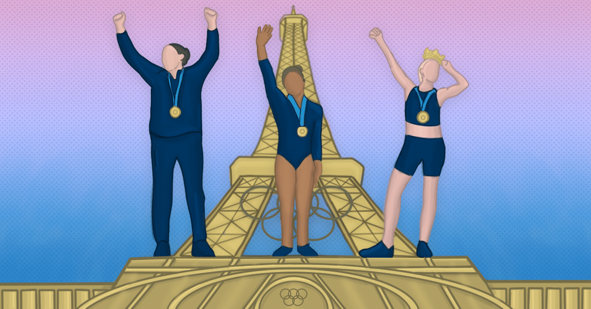 Three female olympians standing on a podium in front of the eiffel tower