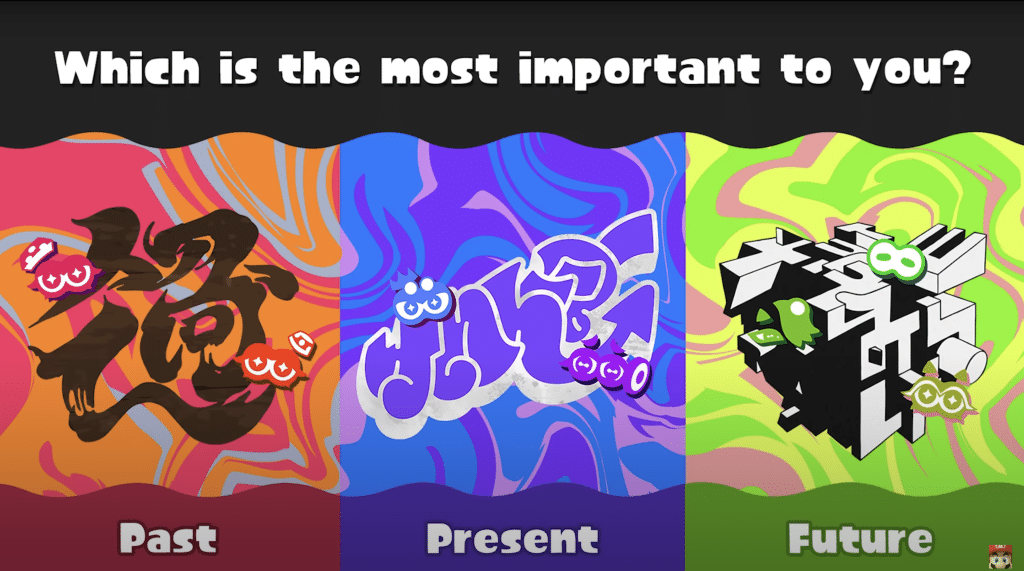 Symbols in the inkling language against swirly backgrounds