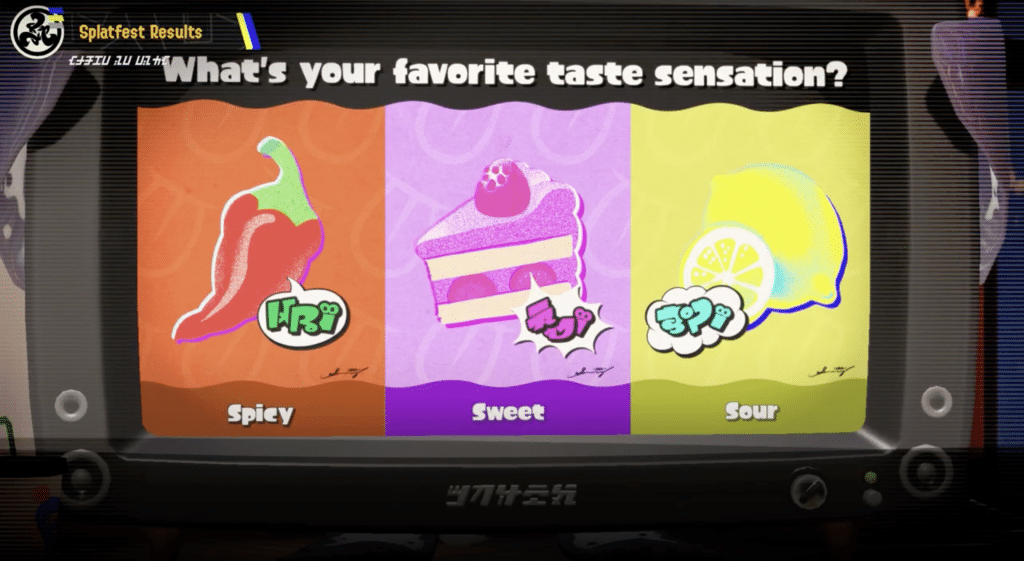 Images of a pepper, a slice of cake, and a lemon for the taste-themed splatfest