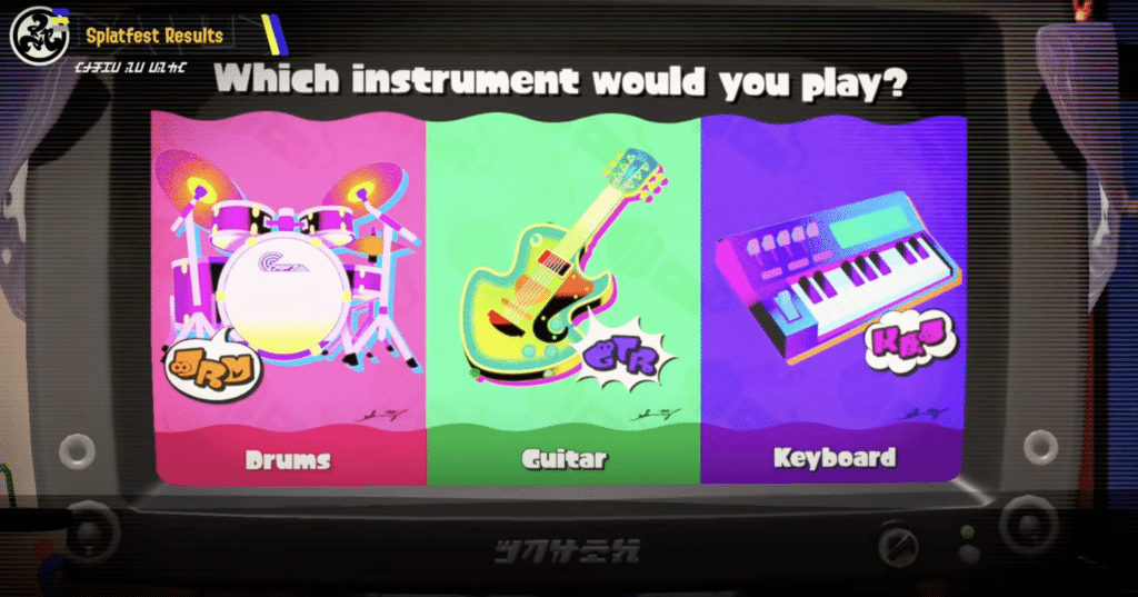 Pictures of drums, a guitar, and a keyboard for a Splatoon 3 Splatfest.