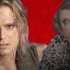 Lestat de Lioncourt and Taylor Swift are in front of a red background. Lestat is covered in streaks of glitter and Swift has black makeup streaming down her cheeks.